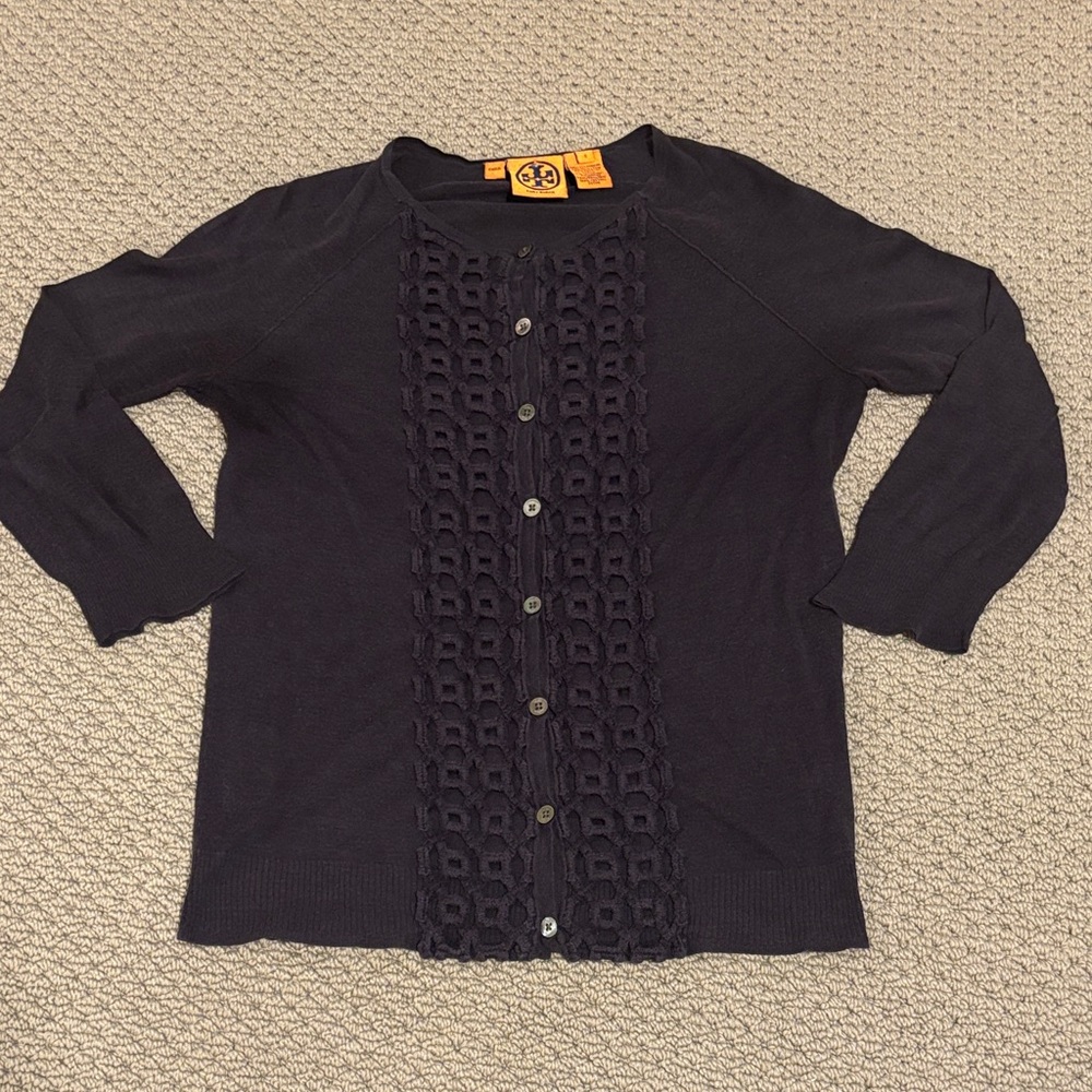 Tory Burch Silk Cotton Cashmere 3/4 Sleeve Geometric Button Down Cardigan